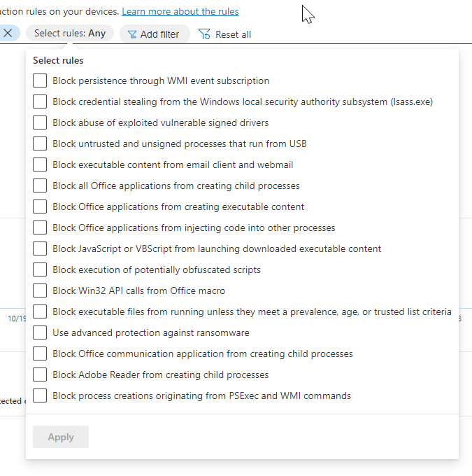 Selecting ASR rules and viewing audit logs